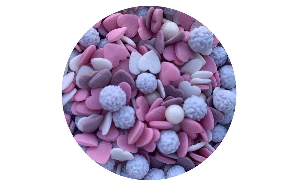 Cukrové zdobení Mix srdíčka & kuličky & mimosa - fialovo-růžový - 50 g - Ostatní
