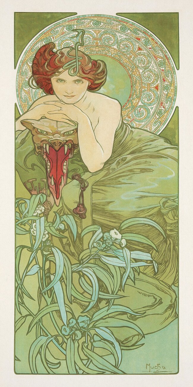 autor Obrazová reprodukce Emerald from The Precious Stones Series (Beautiful Distressed Art Nouveau Lady) - Alphonse / Alfons Mucha, (20 x 40 cm)