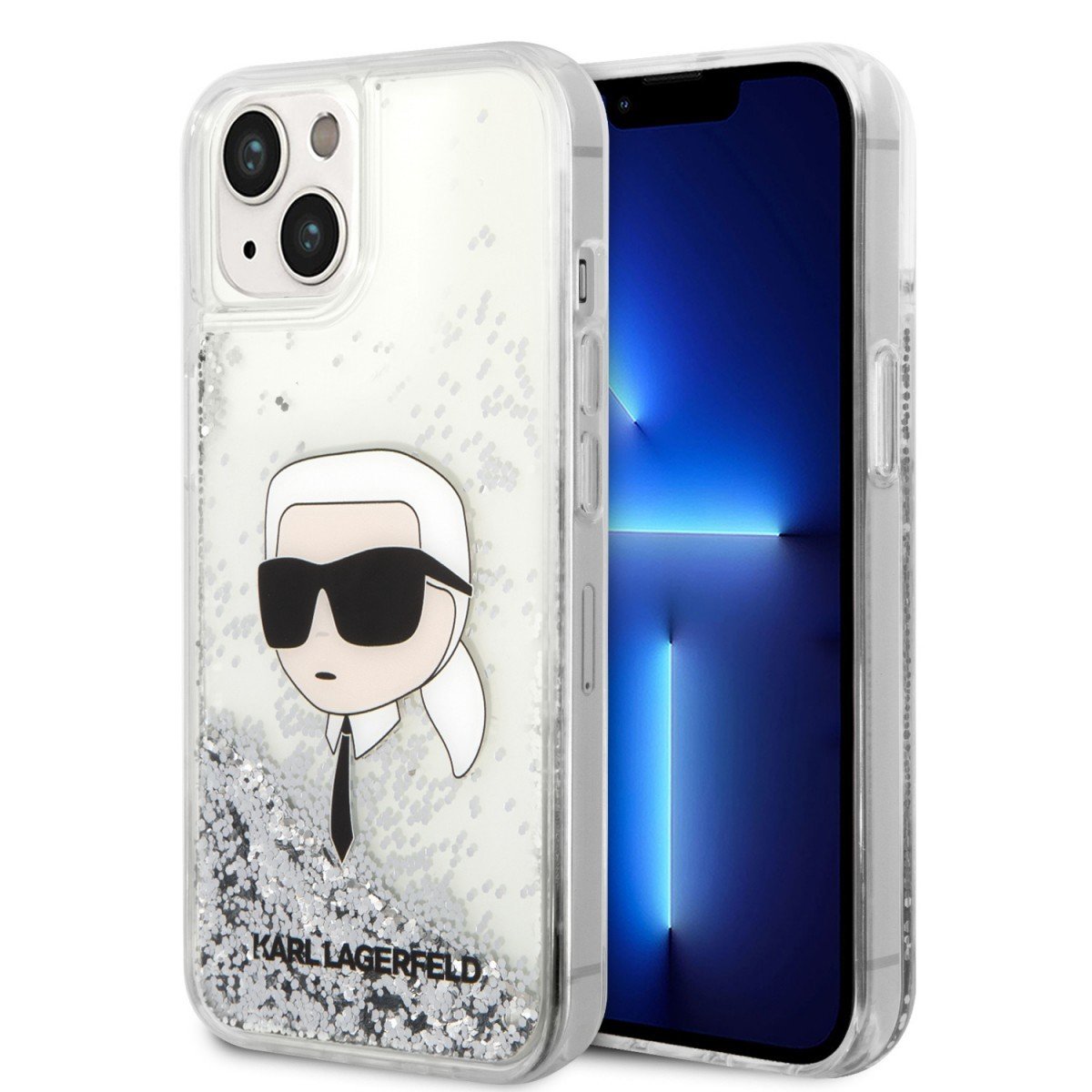 Karl Lagerfeld Liquid Glitter Karl Head Zadní Kryt pro iPhone 15 Silver