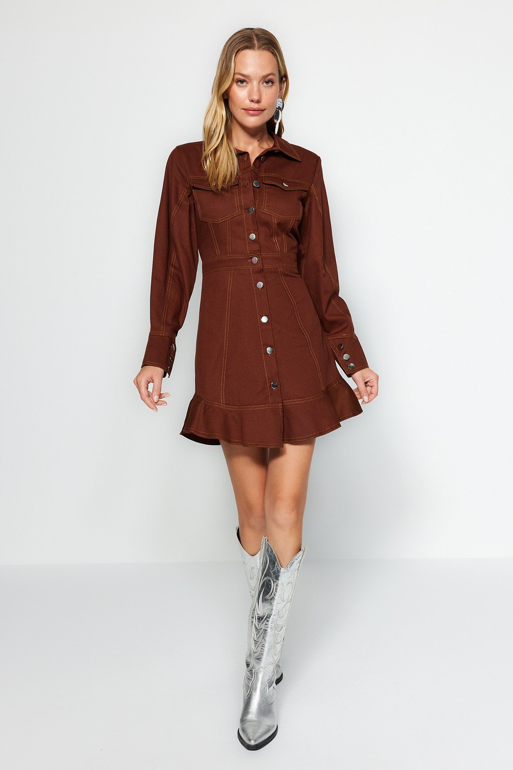 Trendyol Brown Button Detailed Woven Shirt Dress with Stitching Detail