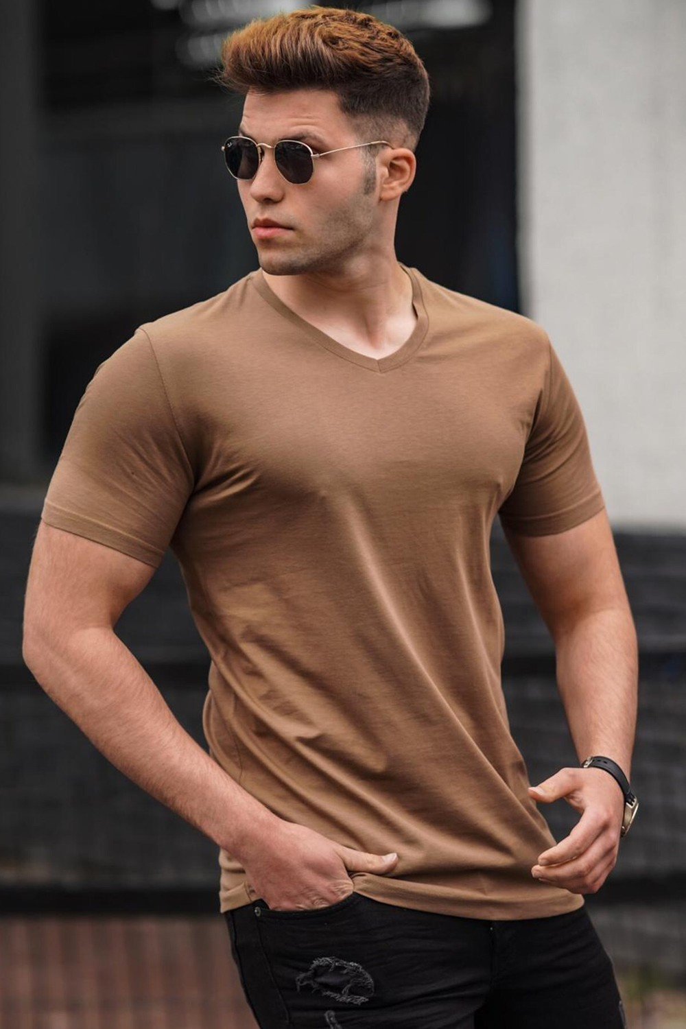 Madmext Basic V-Neck Brown T-Shirt 5281