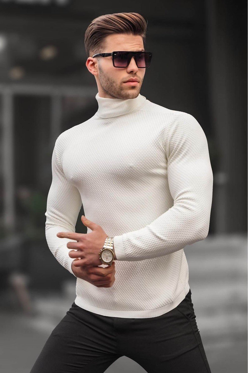 Madmext Bone Color Turtleneck Men's Knitwear Sweater 6306