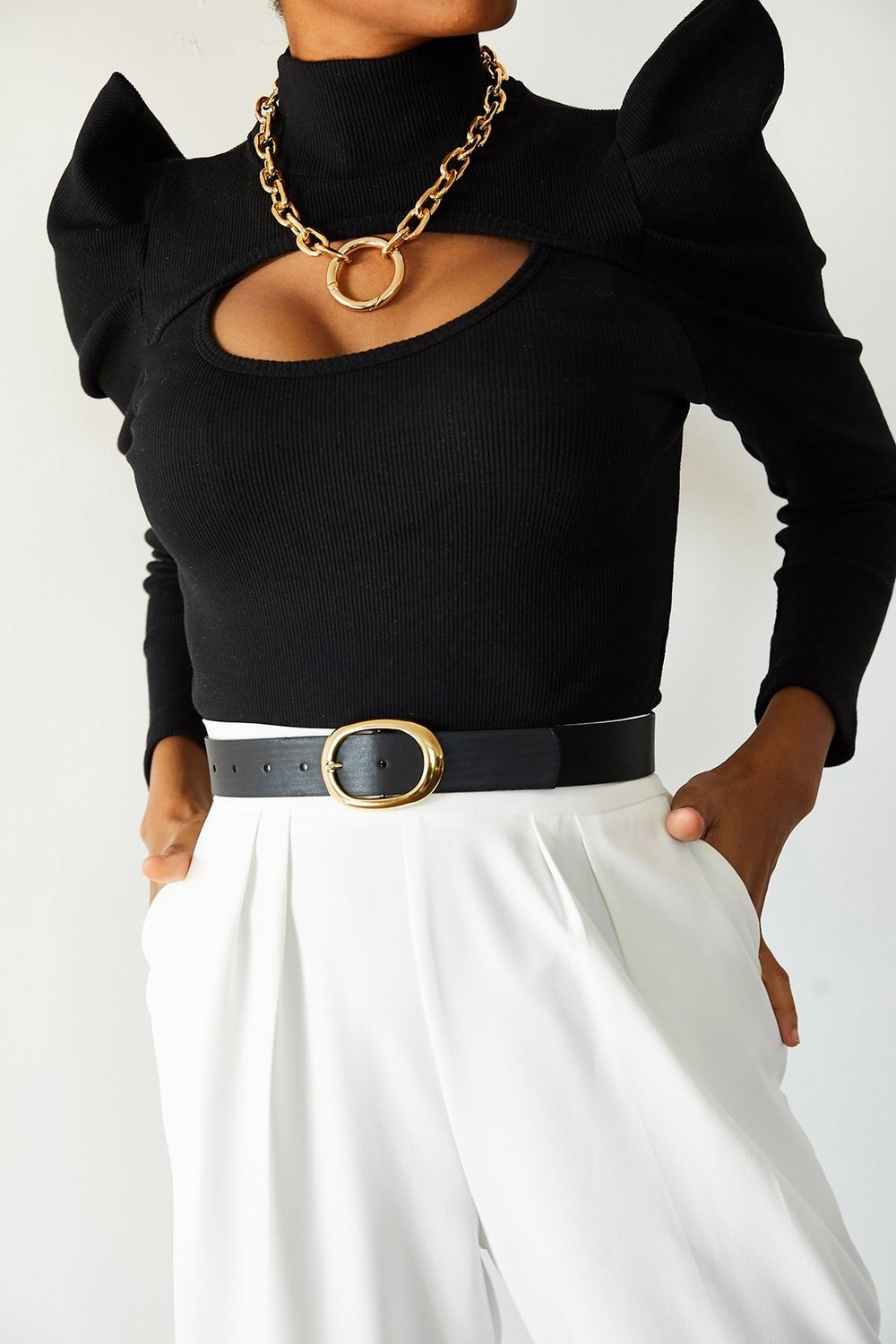 XHAN Women's Black Plunger Detail Standing Shoulder Blouse