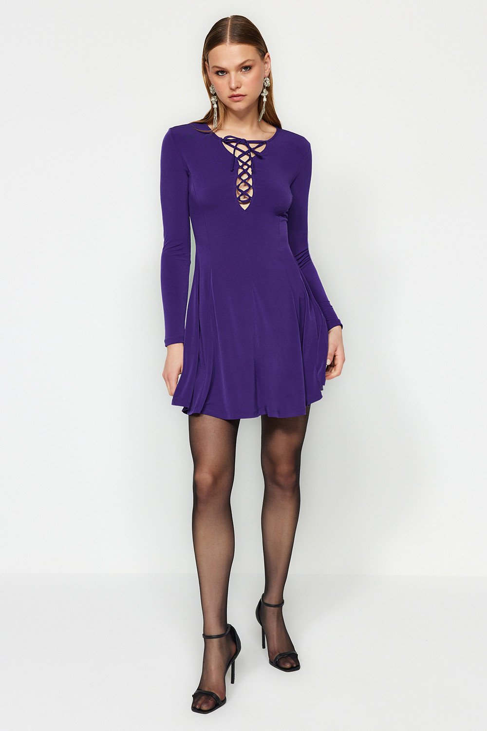 Trendyol Purple Evening Dress with Open Waist/Skater Knitted Tie Detail