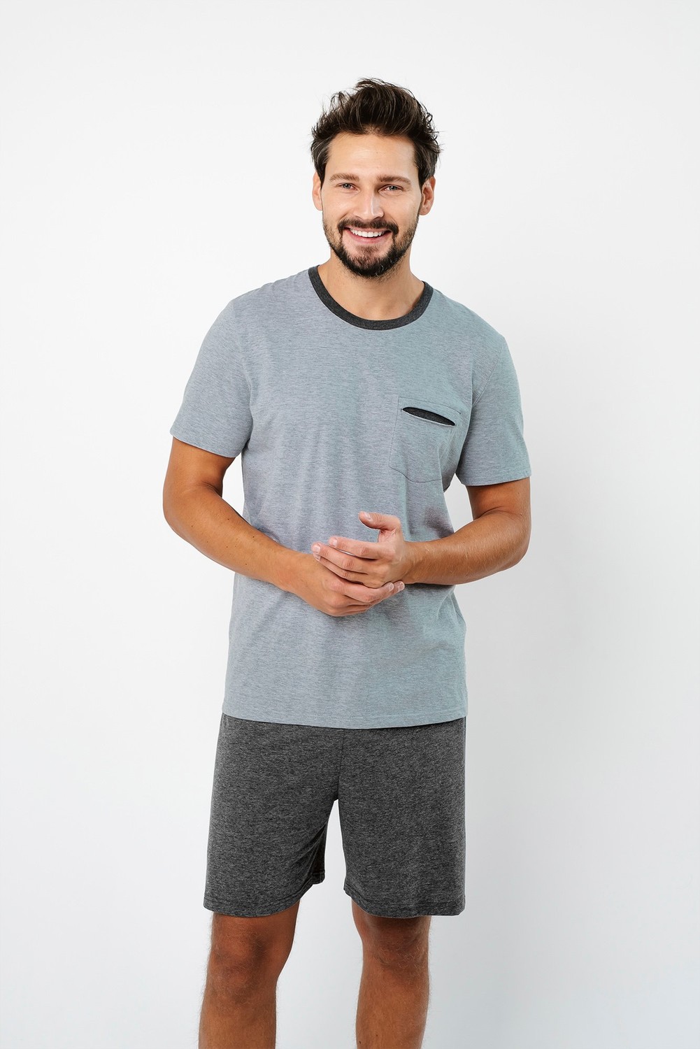 Pánské pyžamo Stefano, krátký rukáv, krátké kalhoty - melange/tmavá melanž