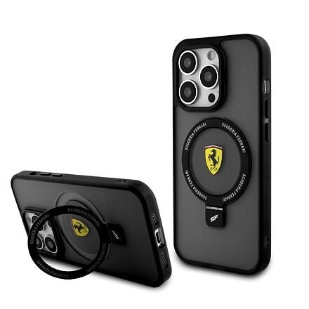 Ferrari Ring Stand MagSafe Zadní Kryt pro iPhone 15 Pro Max Black FEHMP15XUSCAK