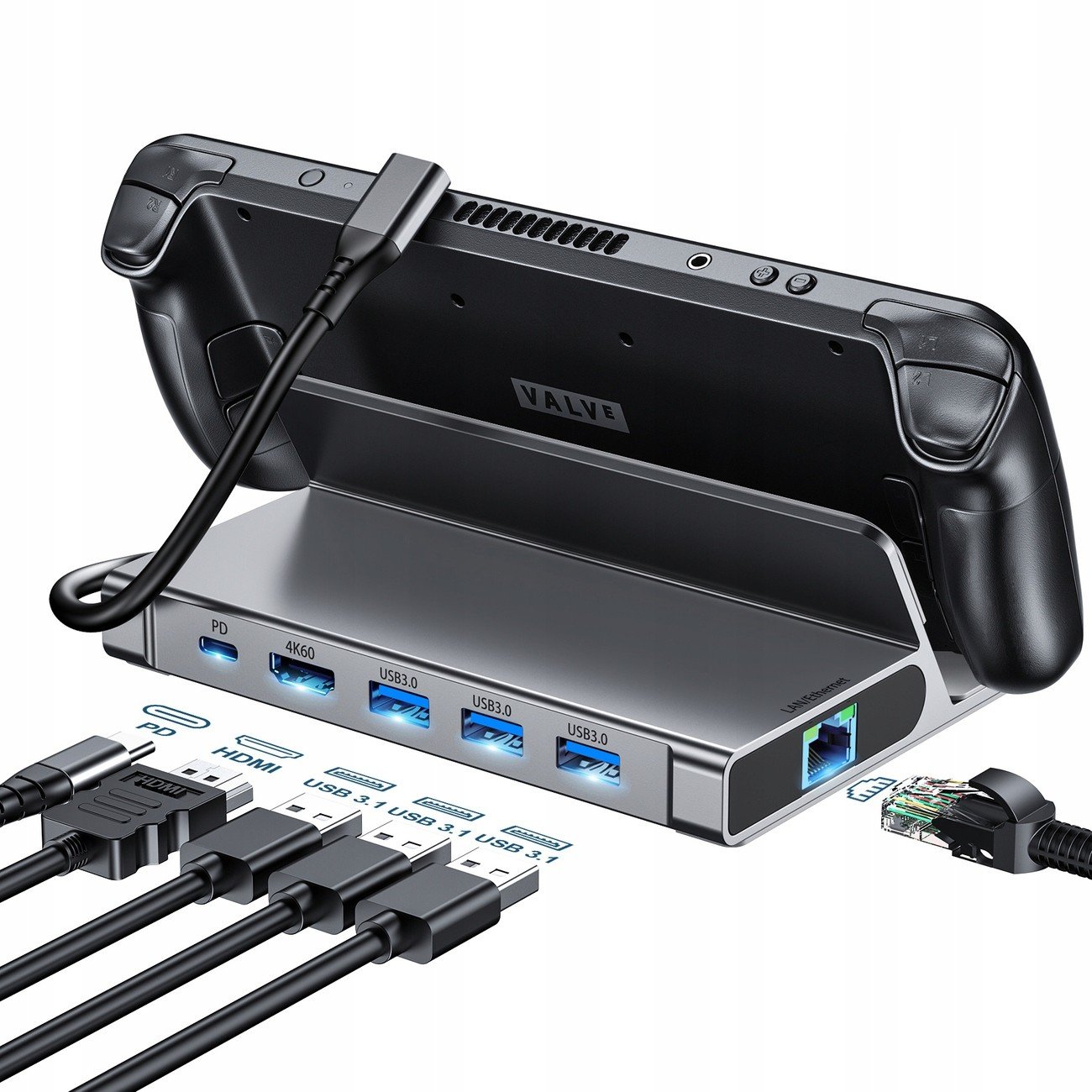 Hub Choetech M52 pro Steam Deck Usb-c Usb-c PD/USB-A/HDMI/RJ45 šedá