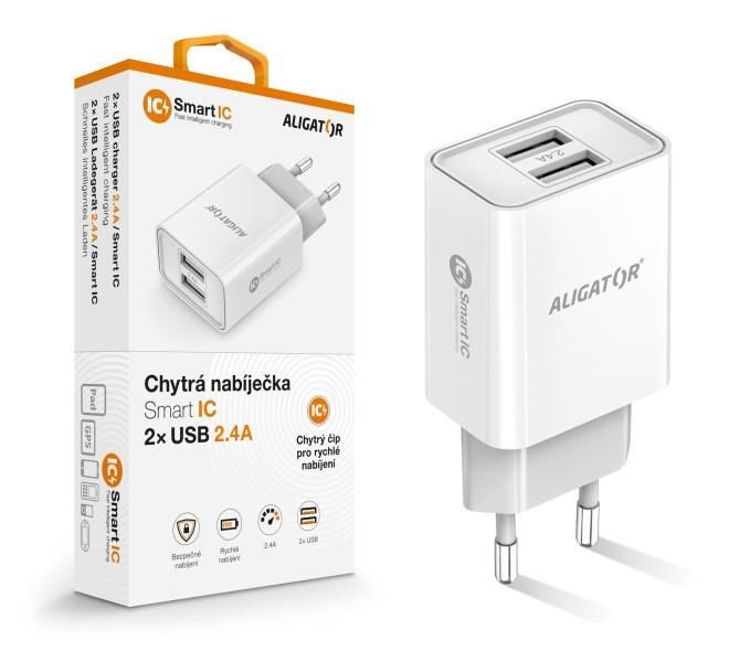 Aligator síťová nabíječka, 2x USB, smart IC, 2, 4 A, bílá