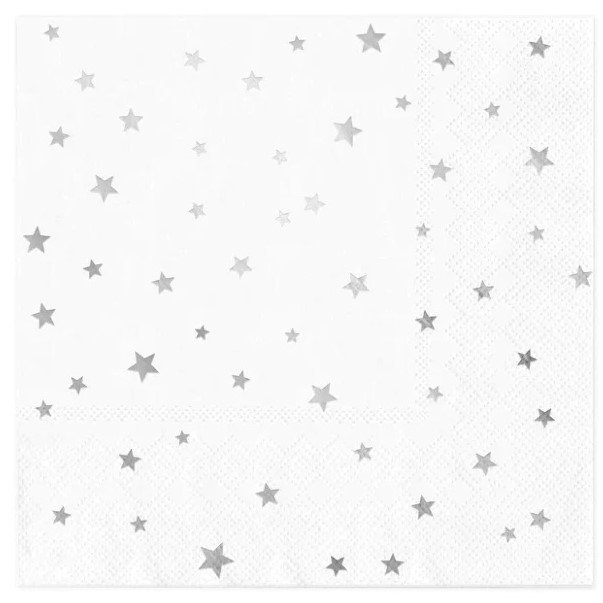 Ubrousky papírové bílé se stříbrnými hvězdami 33 x 33 cm 10 ks