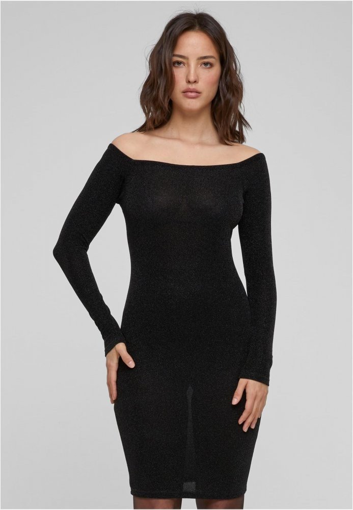 Ladies Off Shoulder Longsleeve Glitter Dress - black L