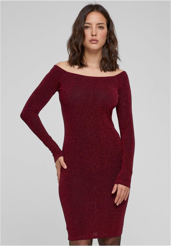 Ladies Off Shoulder Longsleeve Glitter Dress - burgundy L