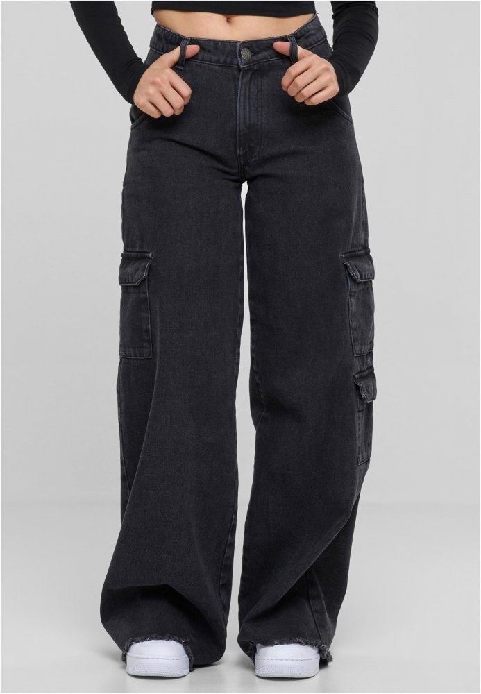 Ladies Mid Waist Cargo Denim Pants - mid indigo washed 26