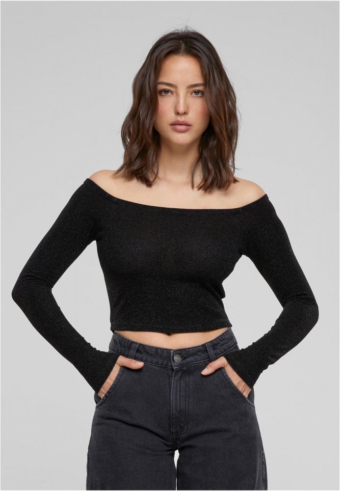 Ladies Off Shoulder Glitter Longsleeve - black L