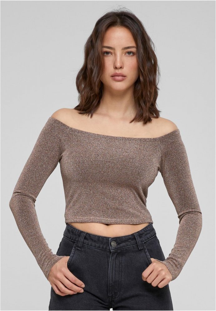 Ladies Off Shoulder Glitter Longsleeve - gold L