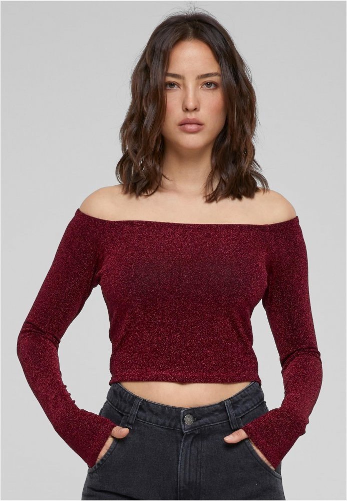 Ladies Off Shoulder Glitter Longsleeve - burgundy 5XL