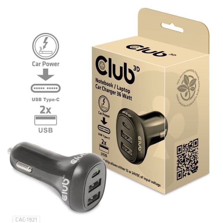 Club 3D Auto nabíječka pro Notebooky 36W, 3 porty (2xUSB-A + USB-C) CAC-1921