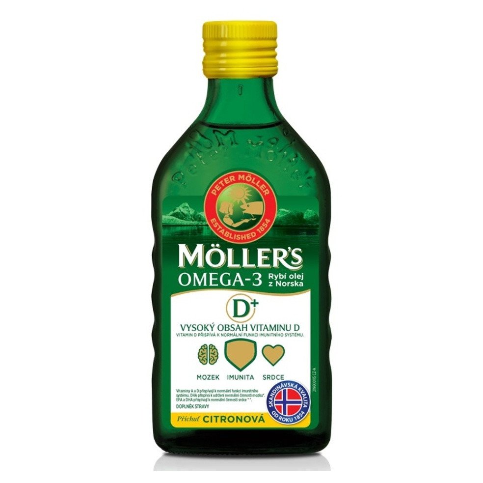 MÖLLER'S Omega 3 D+ olej z tresčích jater s citronovou příchutí 250 ml, poškozený obal