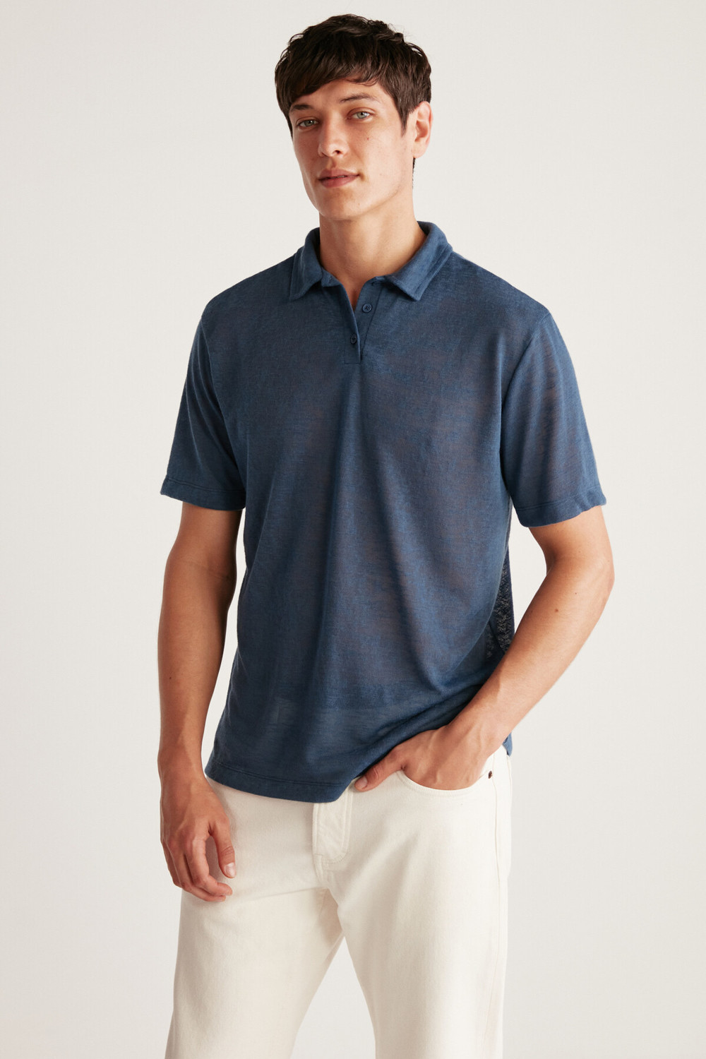 GRIMELANGE Toby Linen Look Regular, Navy Blue Single Polo Neck T-shirt.