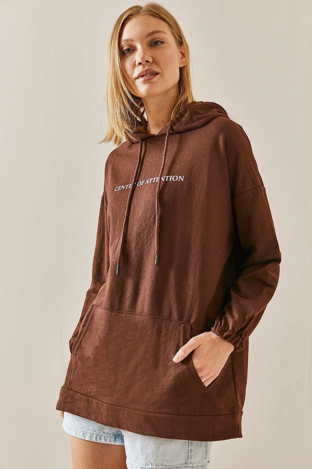 XHAN Brown Kangaroo Pocket Hoodie Sweatshirt