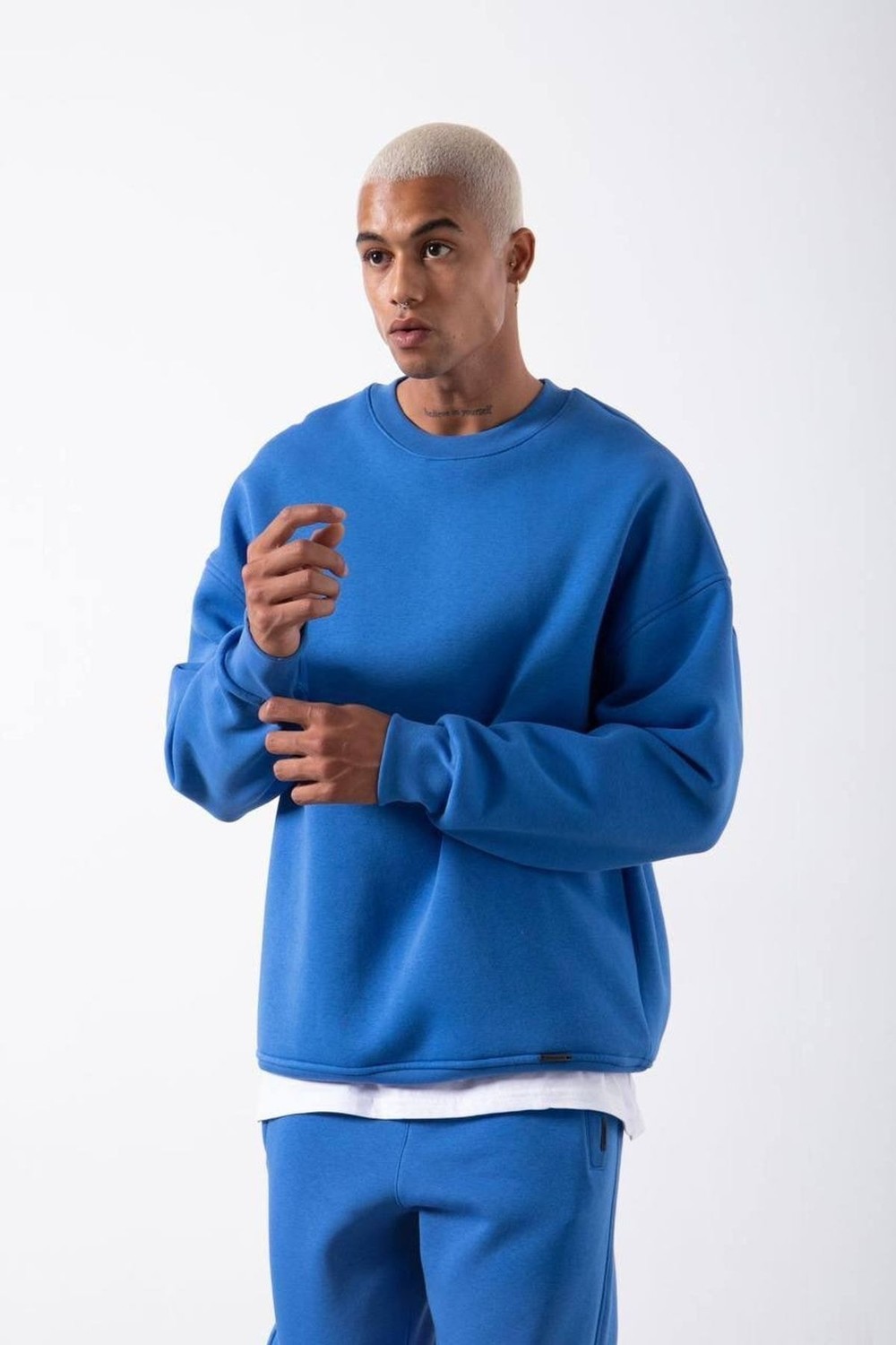 XHAN Blue Organic Cotton Sharding Oversized Sweatshirt