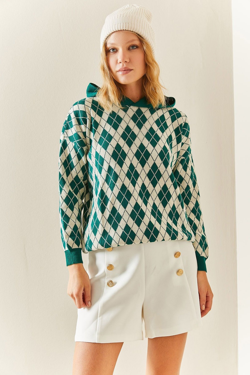 XHAN Green Patterned & Hooded Sweater