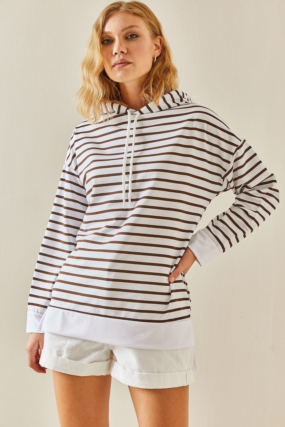 XHAN Mink Striped & Hooded Sweatshirt 3YXK8-47554-29