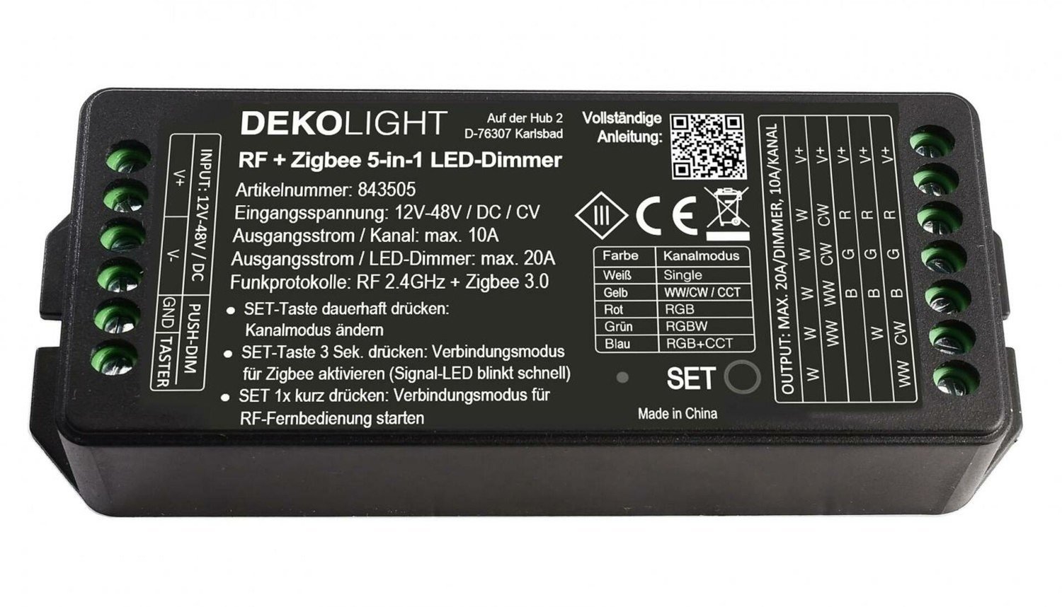 Light Impressions Deko-Light RF-smart, LED stmívač 5v1, 5 kanálový, 12-48V DC, 20A RF / Zigbee 3.0 / Intelli-Push 843505