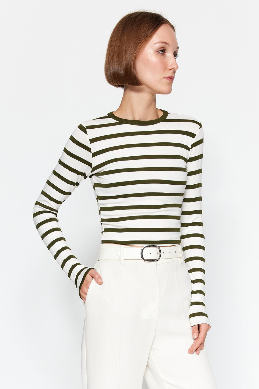 Trendyol Khaki Stripe Premium Viscose Soft Fabric Fitted Crop Stretchy Knitted Blouse