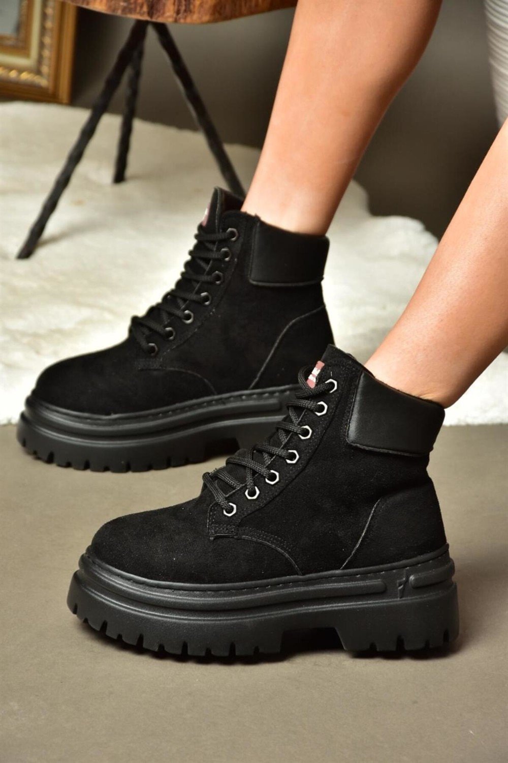 Fox Shoes R973988902 Black Suede Women's Boots with a Thick Sole