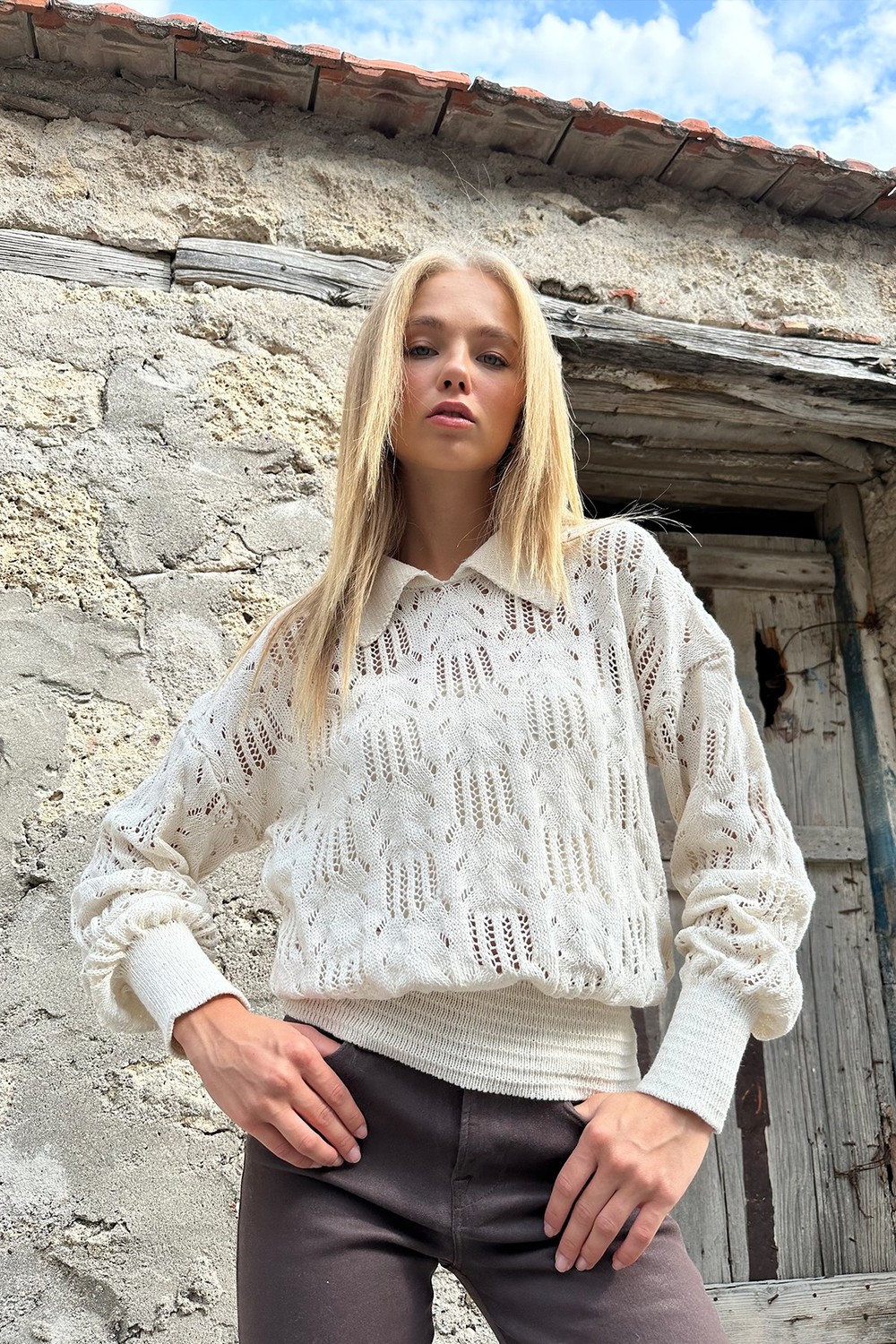 Trend Alaçatı Stili Women's Cream Polo Collar Openwork Knitwear Sweater