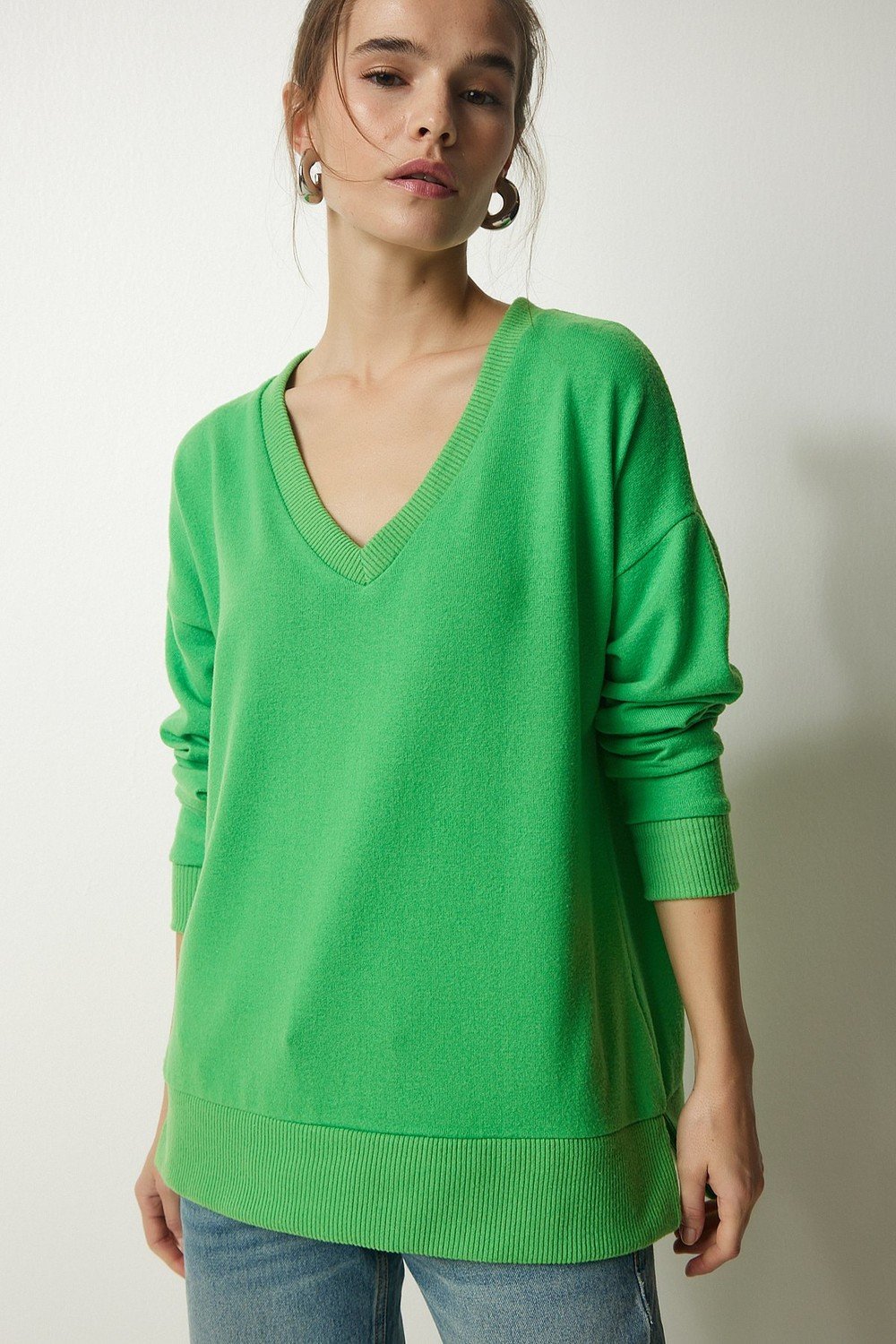 Happiness İstanbul Women's Light Green V-Neck Soft Knitted Sweater