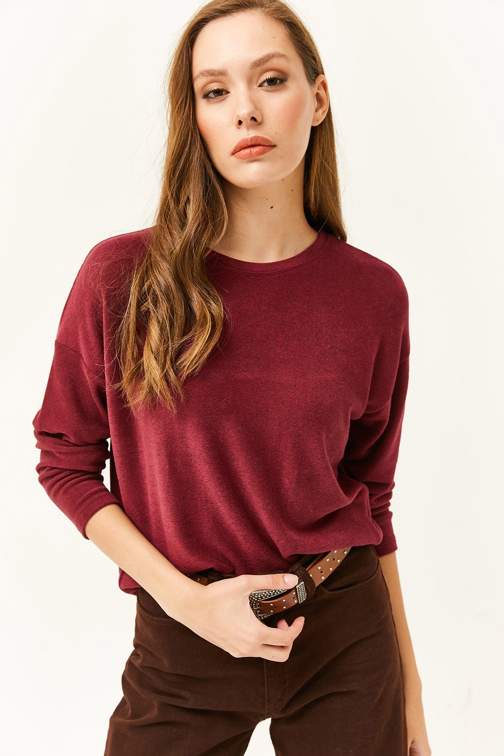 Olalook Women's Claret Red Crew Neck Bat Soft-textured Blouse