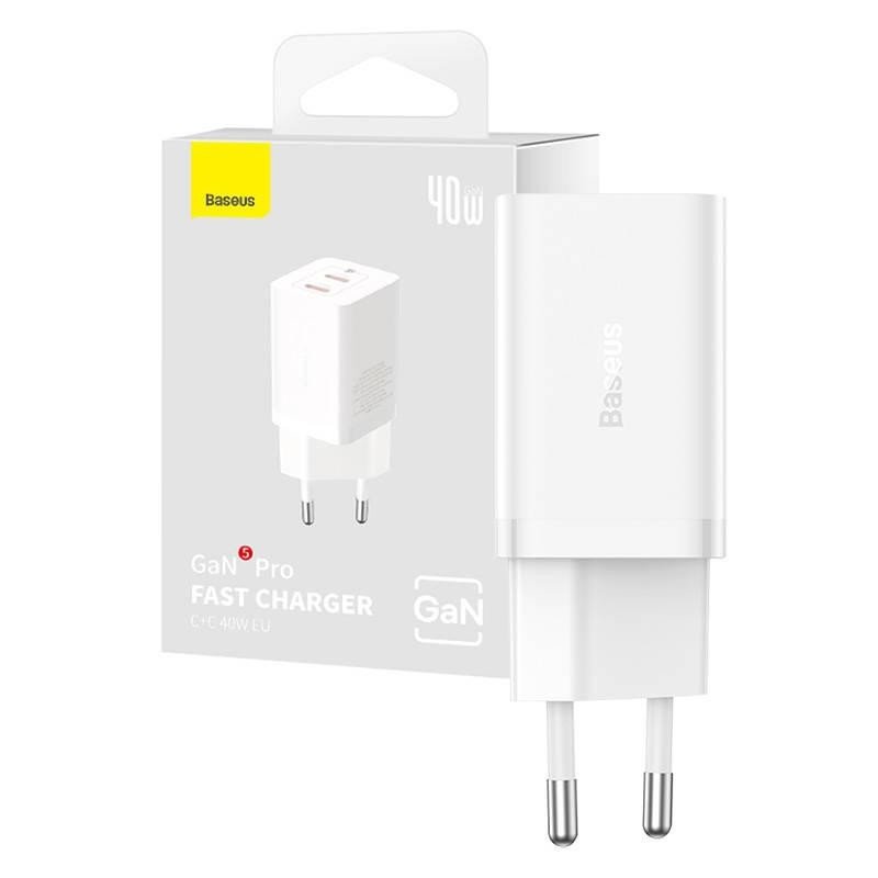 Baseus GaN5 40W síťová nabíječka, 2x USB C (bílá)