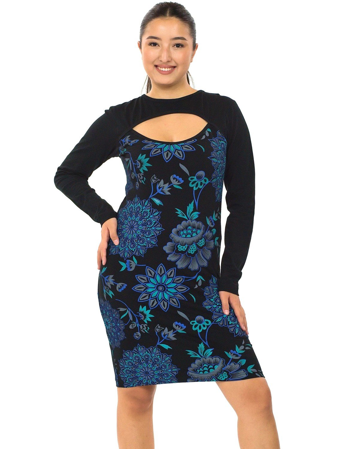Himalife Šaty s dlouhým rukávem Kirpa - černá s tyrkysovou a modrou Velikost: S