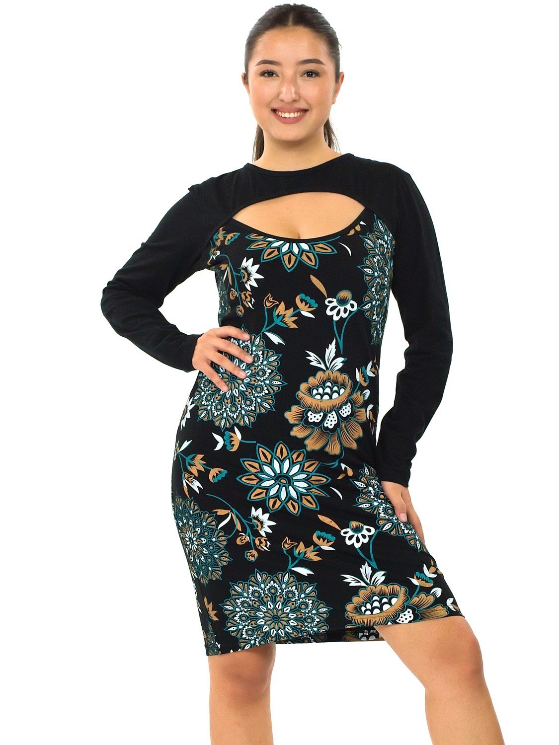 Himalife Šaty s dlouhým rukávem Kirpa - černá s tyrkysovou a béžovou Velikost: S