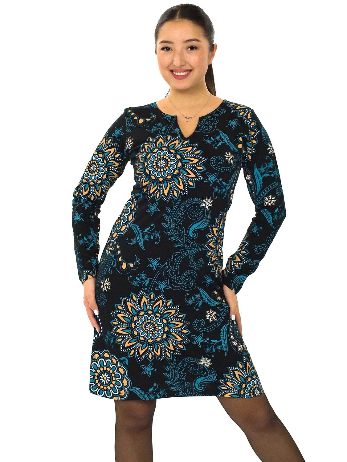 Himalife Šaty s dlouhým rukávem Kabita - černá s tyrkysovou a béžovou Velikost: S