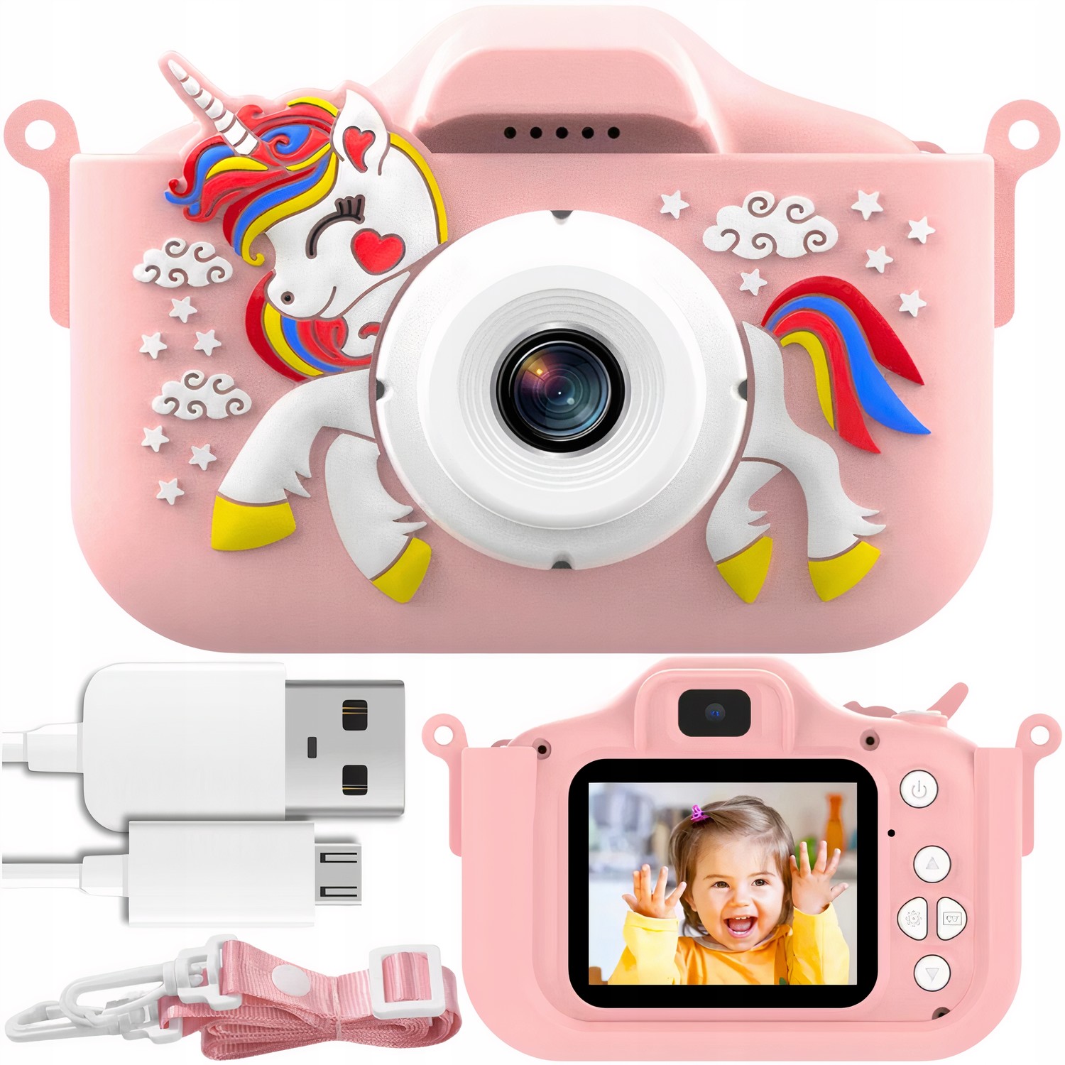 Dětský Fotoaparát Full Hd Jednorožec Růžový Karta 32GB