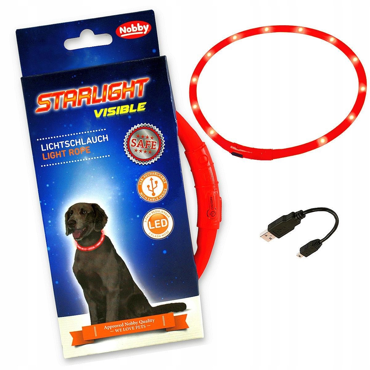 Čelenka pro psa Nobby Starlight Visible Červená Svítící 40cm M