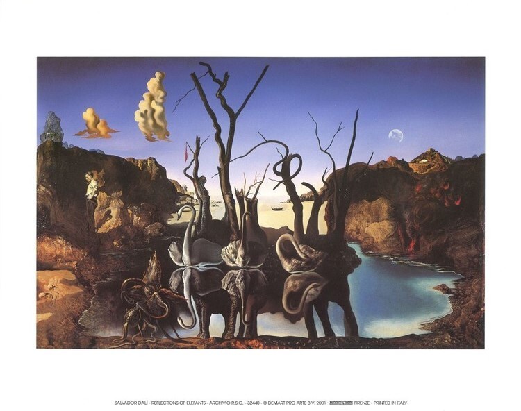 MIGNECO&SMITH Umělecký tisk Labutě odrážející slony, 1937, Salvador Dalí, (80 x 60 cm)
