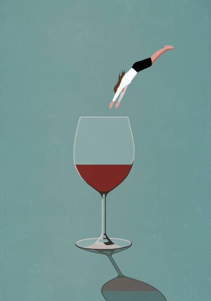 Malte Mueller Ilustrace Businesswoman diving into large glass of wine, Malte Mueller, (26.7 x 40 cm)