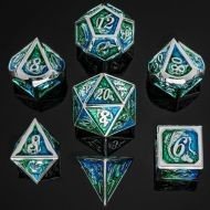 HYMGHO Silver Solid Metal Dragon Dice Set - Green and Blue (7)