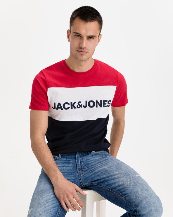 Jack & Jones Logo Blocking Triko Modrá Červená Bílá