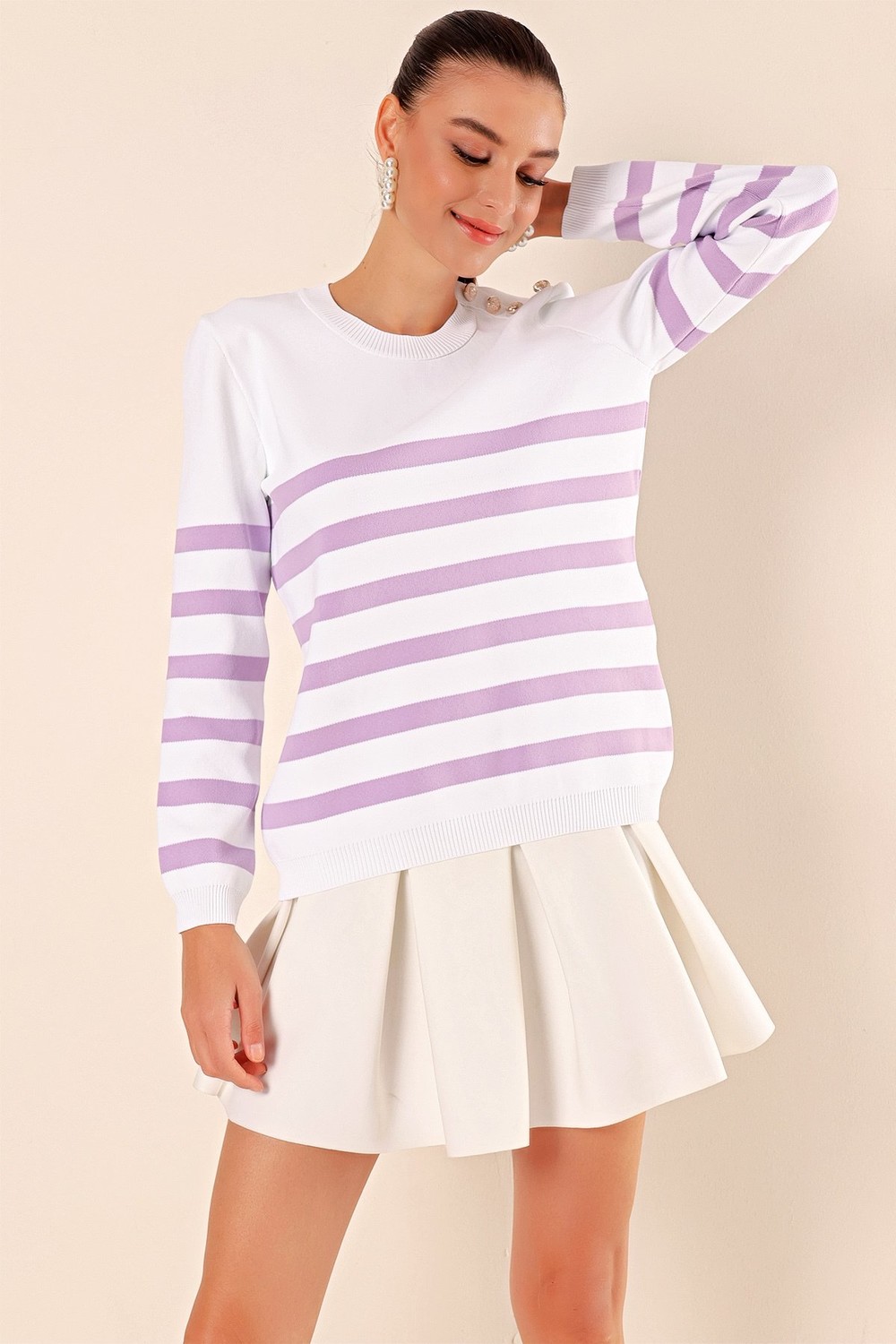 Bigdart 15820 Striped Pullover with Button Detail - C. Lilac