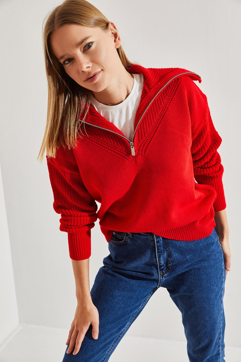 Bianco Lucci -i Women's Turtleneck Zipper Knitwear Sweater