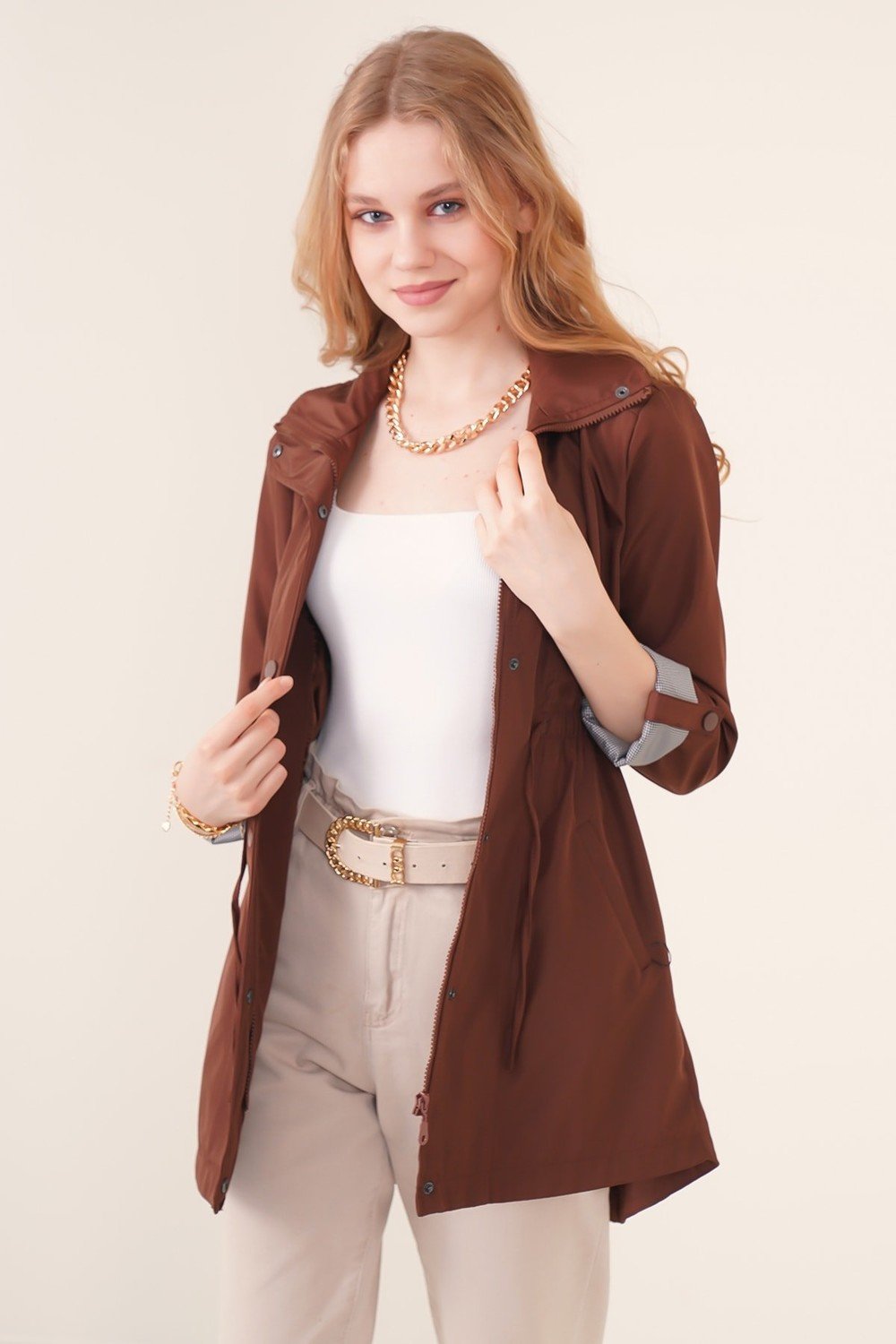 Bigdart 10322 Brown Waist Pleated Pocket Detailed Trench Coat