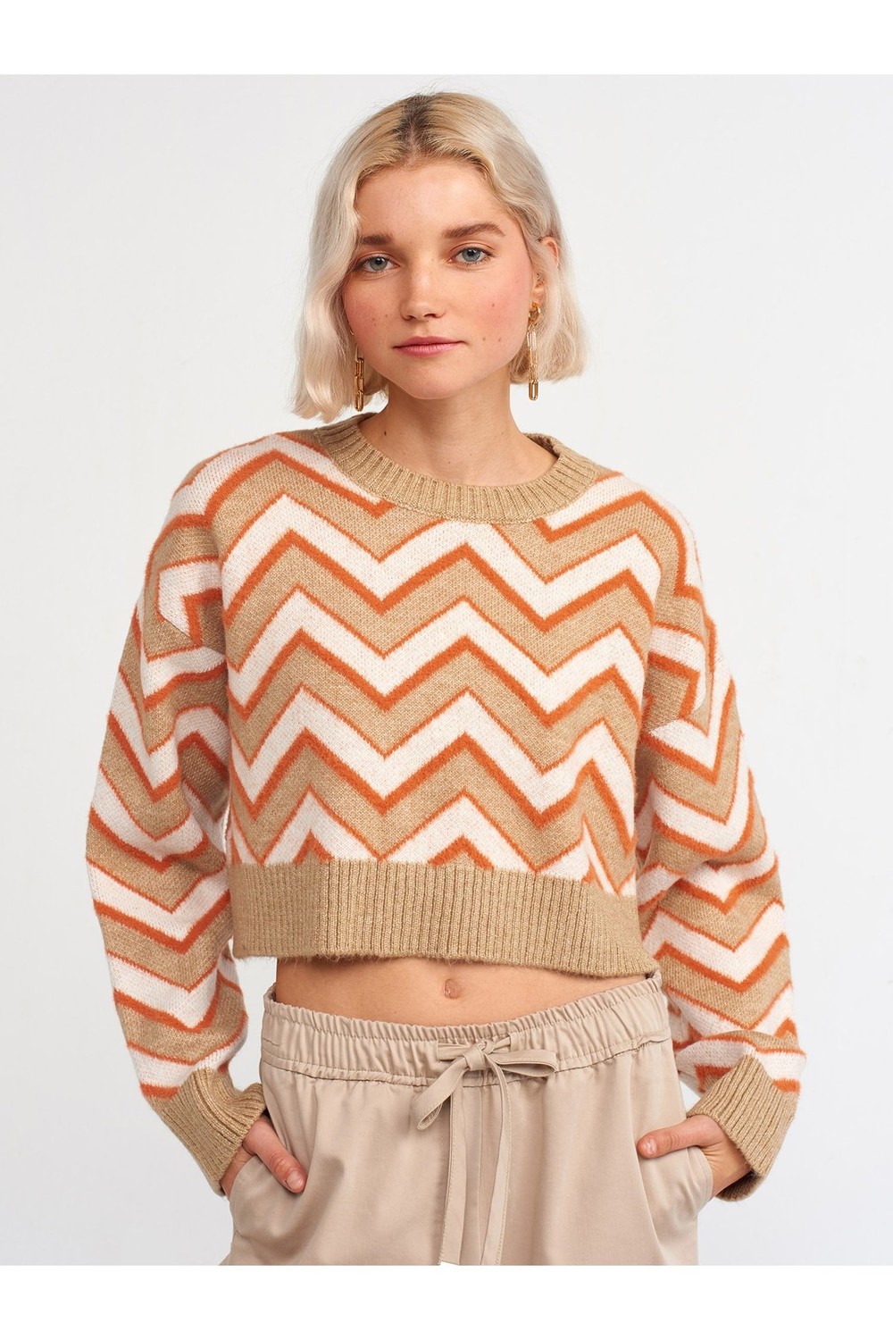 Dilvin 10253 Large Collar Patterned Sweater-Y.orange
