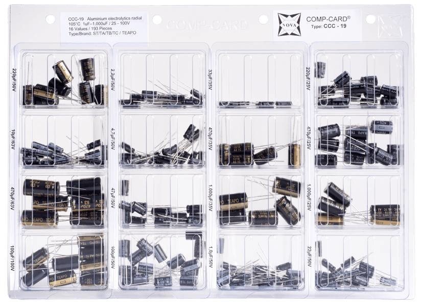 NOVA CCC-19 sada elektrolytických kondenzátorů radiální 25 V, 35 V, 50 V, 63 V, 100 V 20 procent 193 díly
