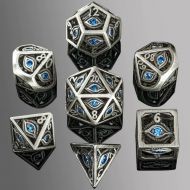 HYMGHO Dragons Eye Hollow Mini 10mm Metal Dice Set - Ancient Silver with Blue Gems (7)