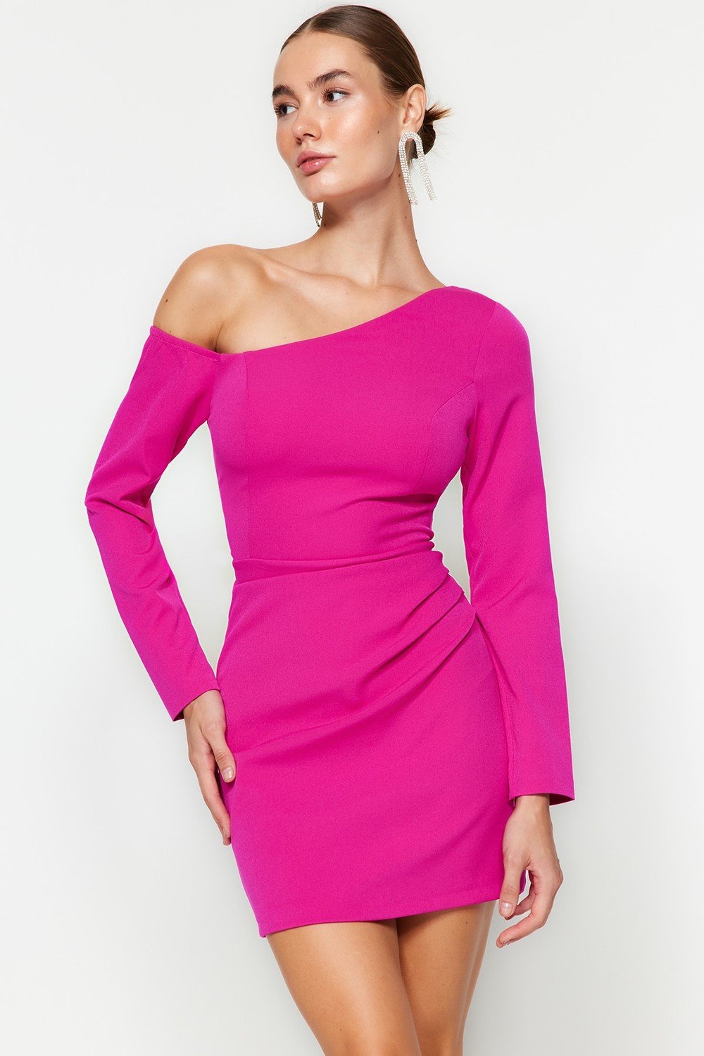Trendyol Fuchsia Fitted Evening Dress with Draping