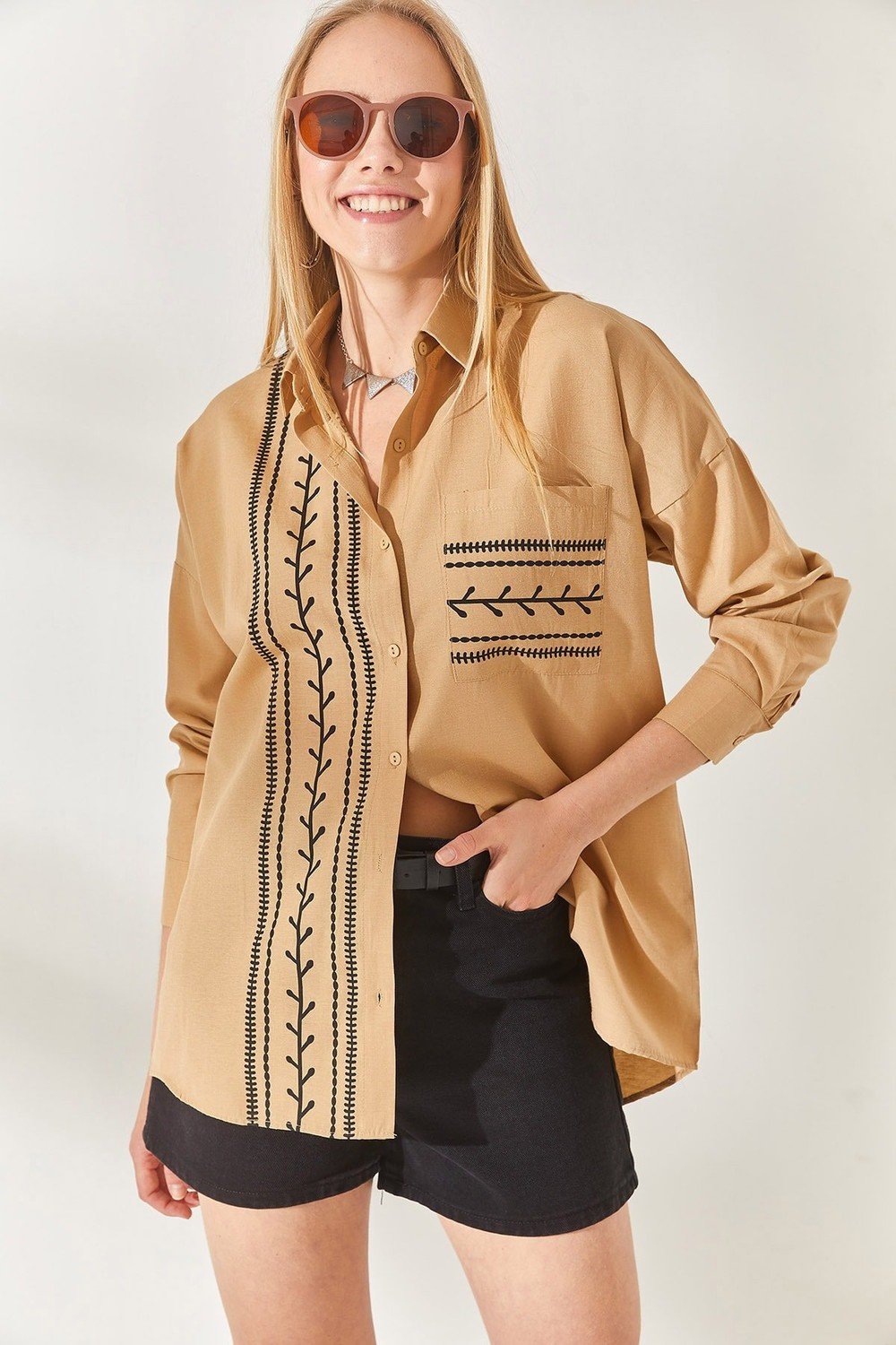 Olalook Camel Pocket Detailed Printed Woven Shirt